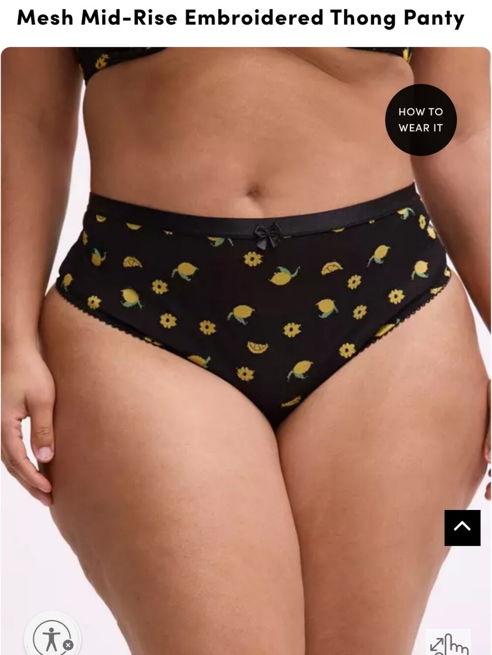 Torrid 5x Mesh Mid-Rise Embroidered Thong Panty  Black Floral Yellow Lemon Print